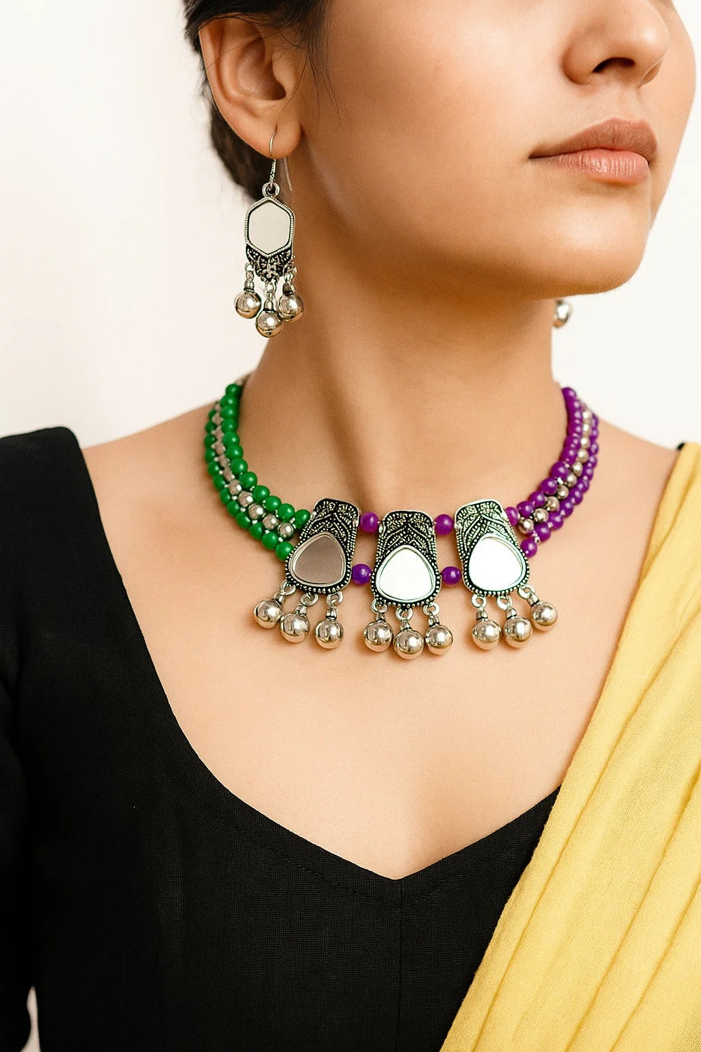 Oxidized Mirror Work Beaded Necklace Set with Earrings